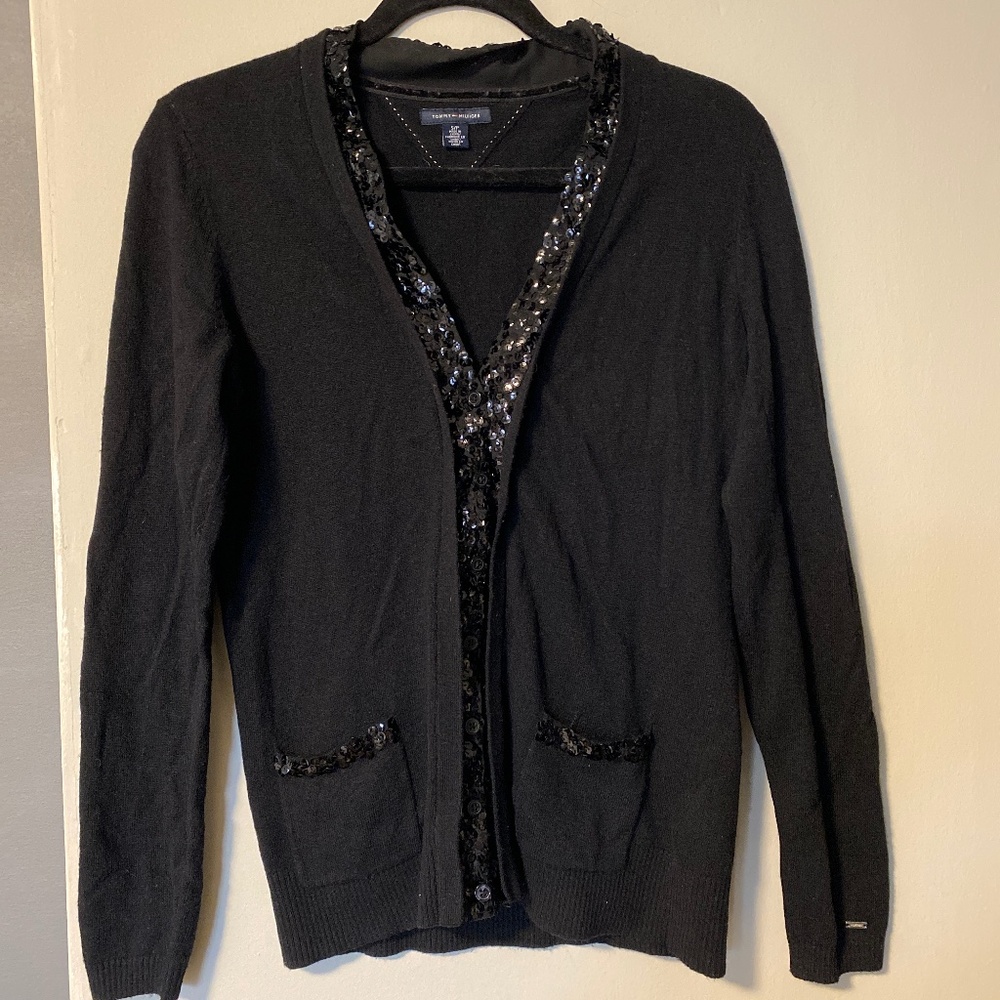 Tommy Hilfiger Embellished Sequin Trimmed Black Cardigan Pockets Women'sβ¦
